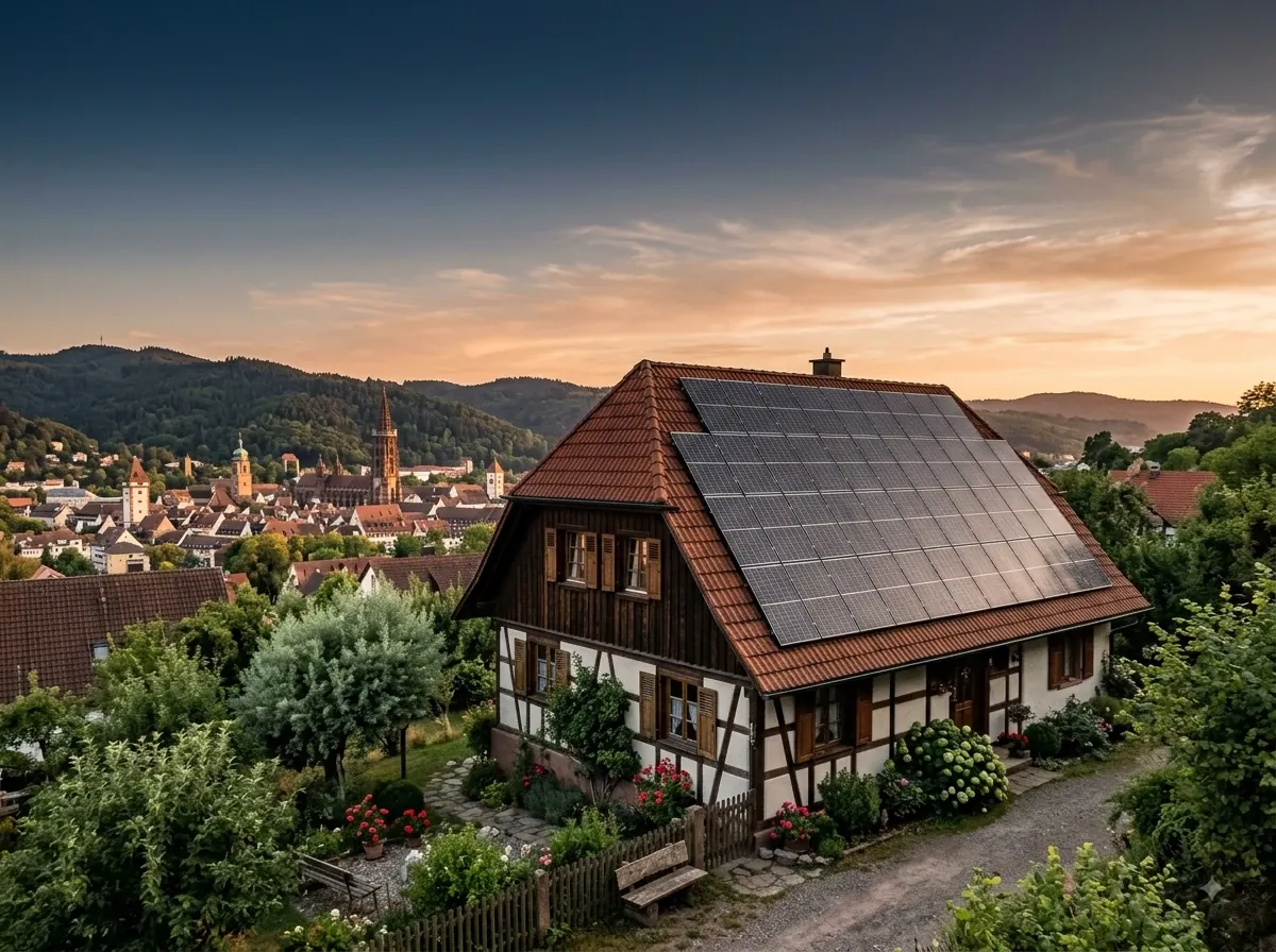 Wohnhaus mit Photovoltaikanlage auf dem Ziegeldach, im Hintergrund Freiburg mit dem Münsterturm bei Sonnenuntergang
