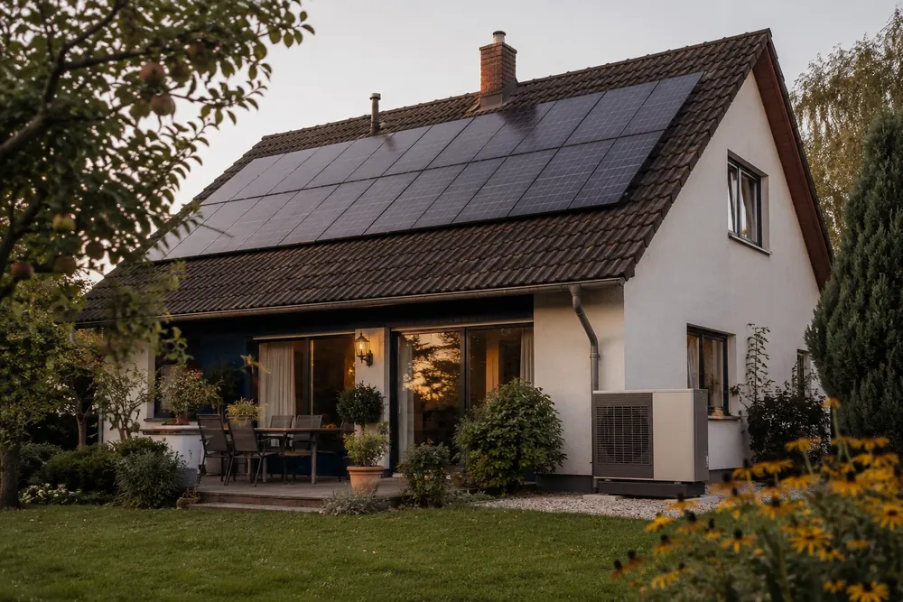 Weißes Einfamilienhaus mit Solarmodulen auf dem Ziegeldach, rechts an der Hauswand steht die Wärmepumpe, davor ein Garten