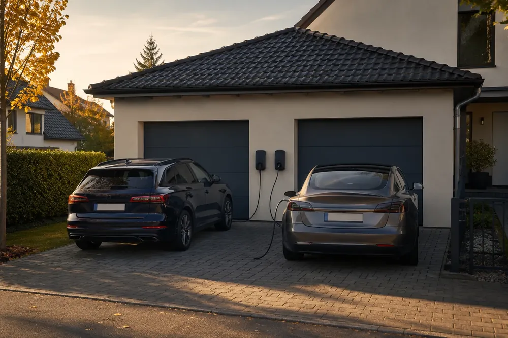 Doppelgarage mit zwei dunklen Garagentoren, dazwischen zwei Wallboxen, an beiden hängt je ein Auto am Ladekabel