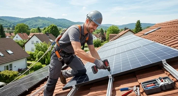 Monteur mit Helm und Sicherheitsgurt verschraubt ein Solarmodul auf einem roten Ziegeldach