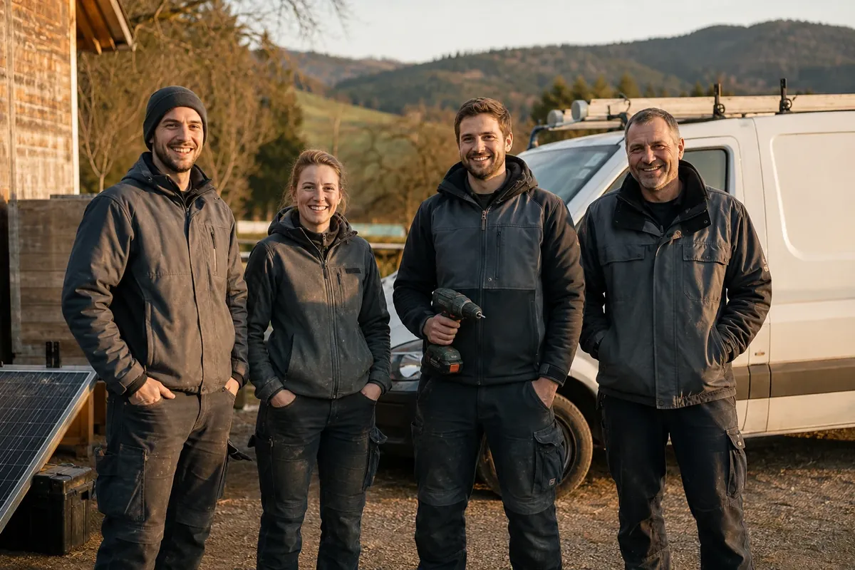 Vier Mitarbeiter von Alex Solaranlagen in dunkler Arbeitskleidung vor dem weißen Firmentransporter, daneben ein Solarmodul