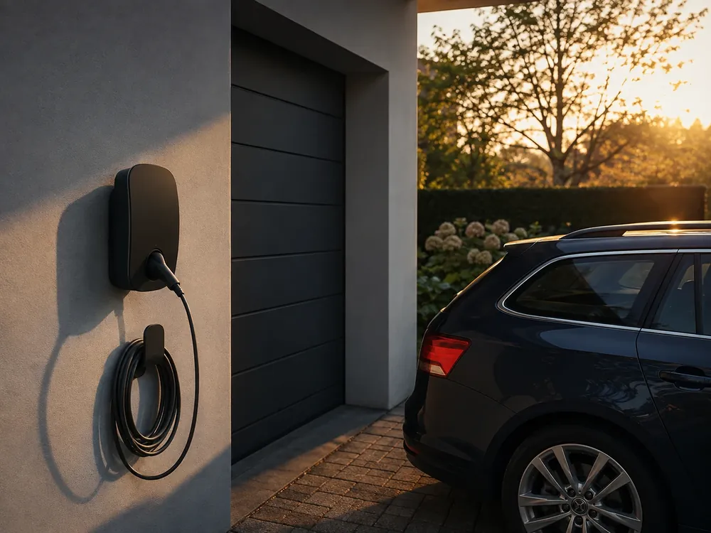 Schwarze Wallbox an einer hellen Garagenwand, das Ladekabel steckt im dunkelblauen Kombi daneben